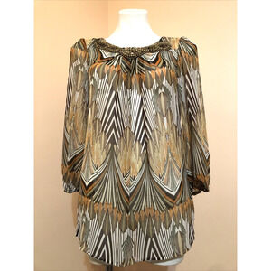 TRAVELSMITH Sheer Brown Feather Animal Print Beaded Collar Tunic Blouse Small
